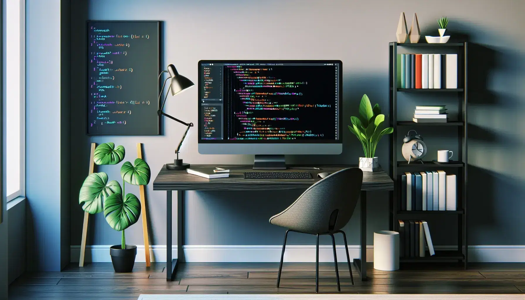 Modern workspace for programming with monitor, wireless keyboard, precision mouse, green plant and bookcase with unlabeled manuals.