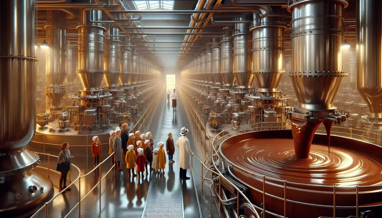 Interno di una fabbrica di cioccolato con macchinari in acciaio, linea di montaggio di tavolette incartate e visitatori guidati.