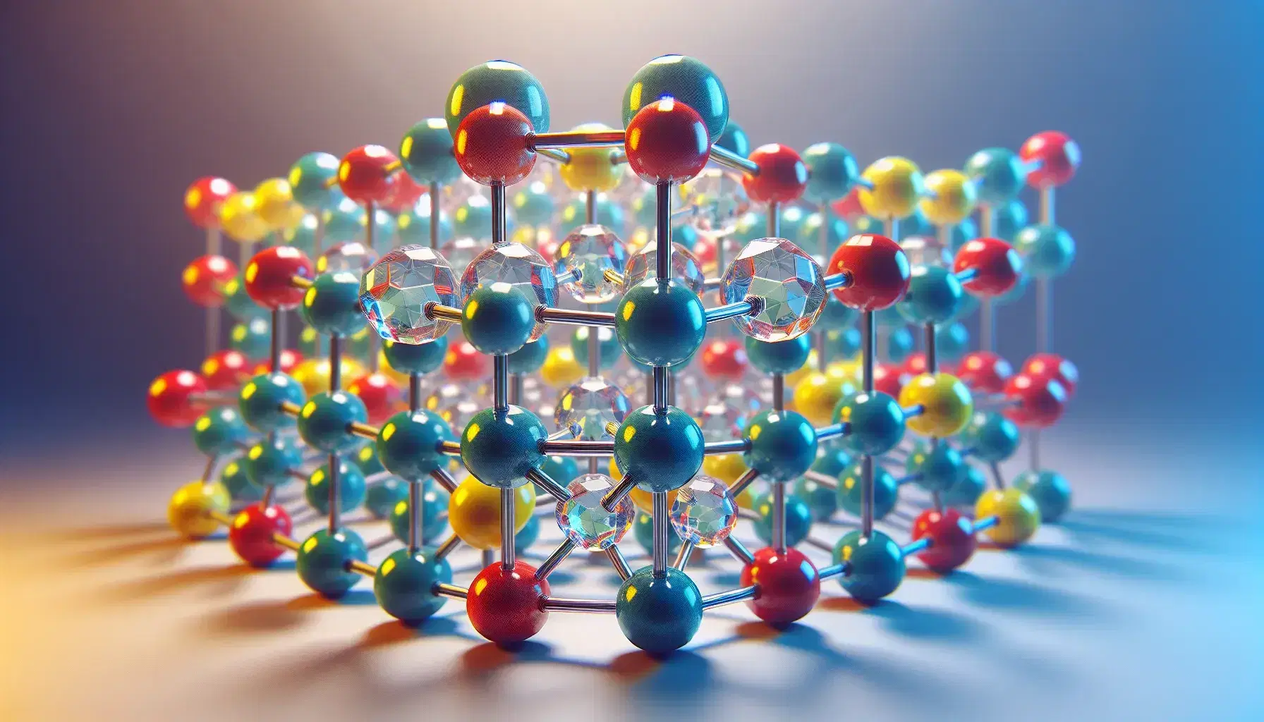 Detailed crystal structure with colorful atoms connected by cylindrical rods representing chemical bonds on gradient background.