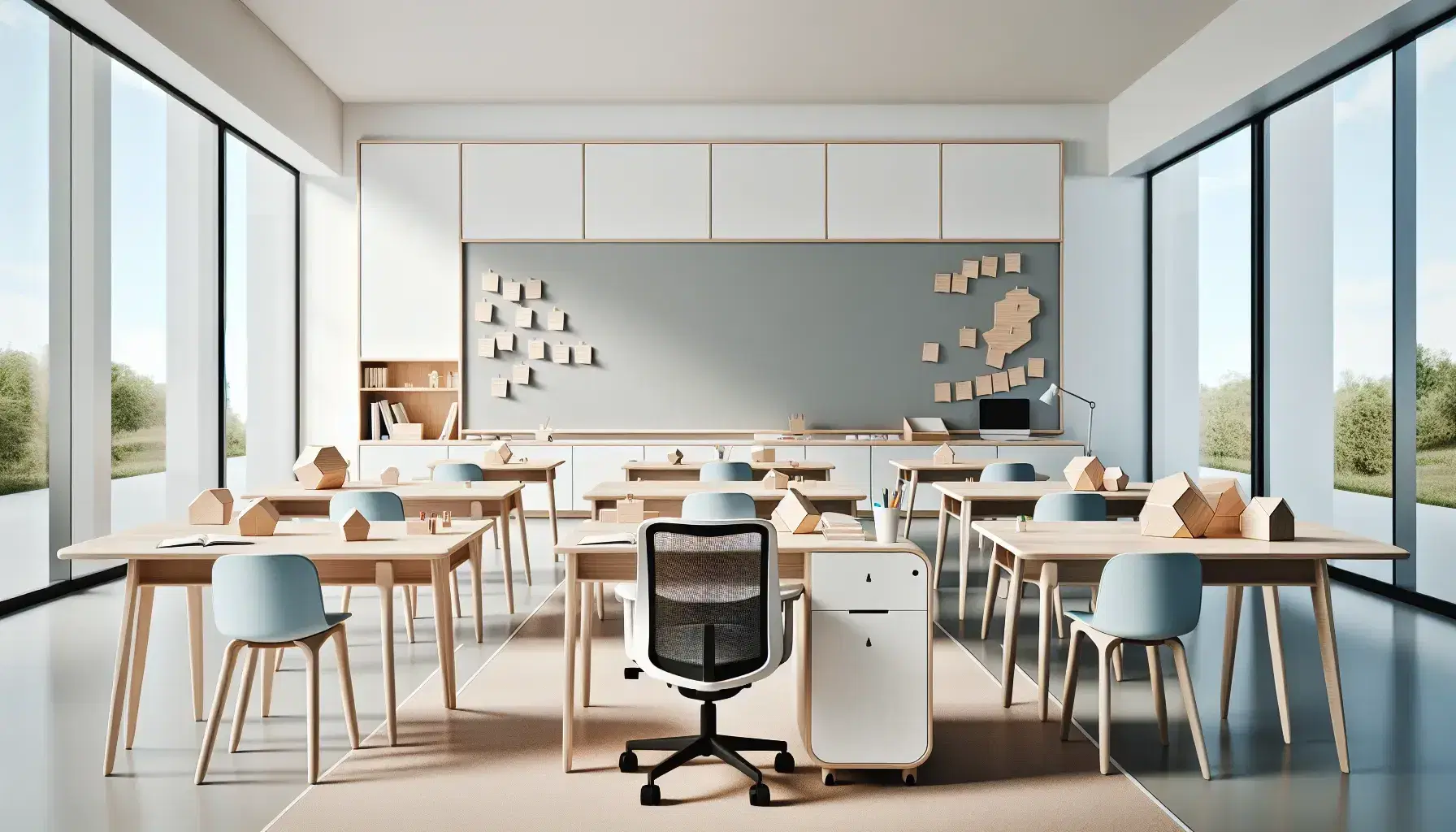 Aula moderna y luminosa con pizarra blanca grande, escritorio de profesor de madera clara, sillas azules y mesas con bloques geométricos de madera.