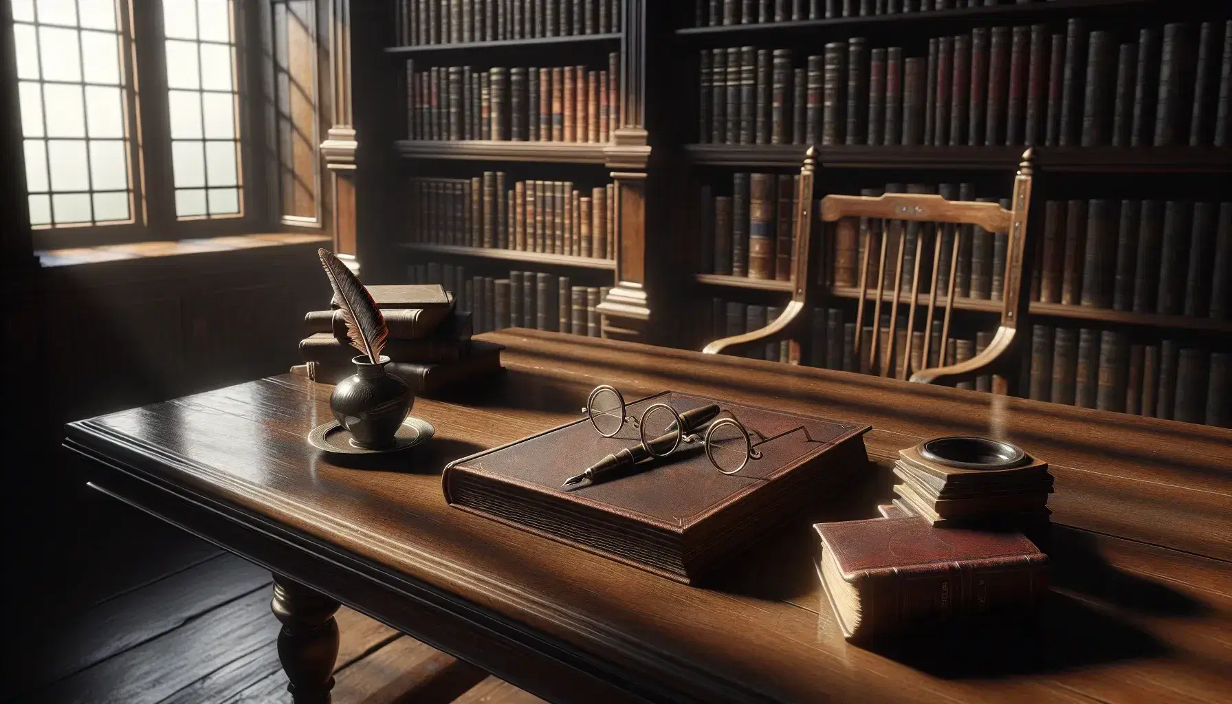 Biblioteca antigua con mesa de madera y lentes sobre libro desgastado, pluma de ave y tintero de cerámica, estantes llenos de libros y silla con cojín rojo.