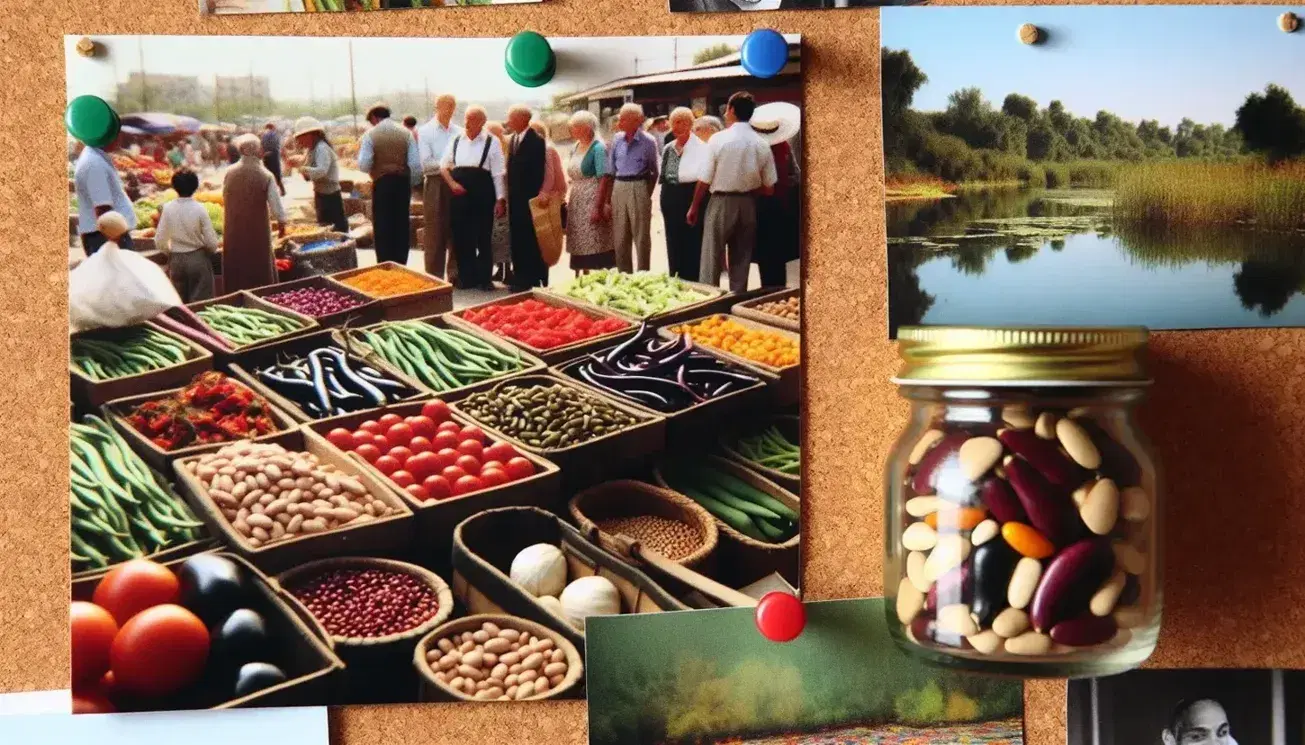 Cork board with outdoor market photo, black and white animated discussion, serene river landscape and colorful woven fabric.