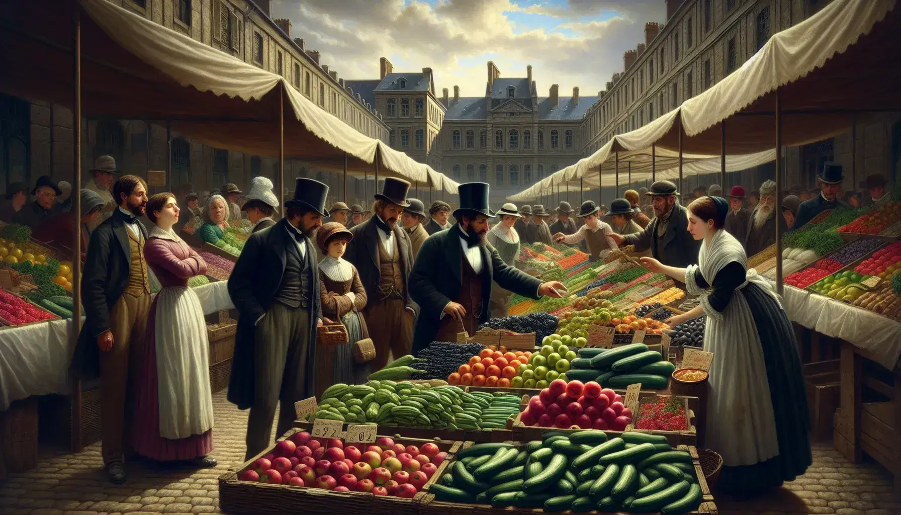 Scena di mercato urbano in epoca realista con persone di varie classi sociali, bancarella colorata di frutta e verdura, edifici in pietra e cielo sereno.
