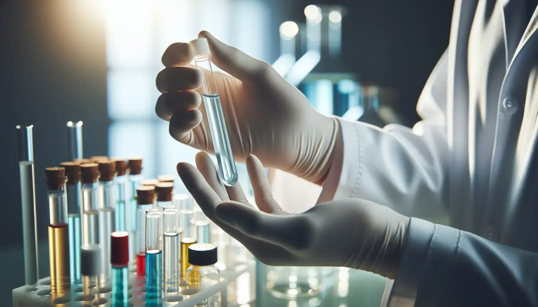 Manos con guantes de látex sujetando un tubo de ensayo con líquido azul claro en un laboratorio con estantes de muestras coloridas desenfocadas en el fondo.