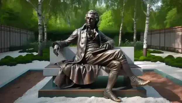 Estatua de bronce de filósofo del siglo XVIII sentado en banca de piedra, con libro en mano y vestimenta de época, rodeado de vegetación verde.