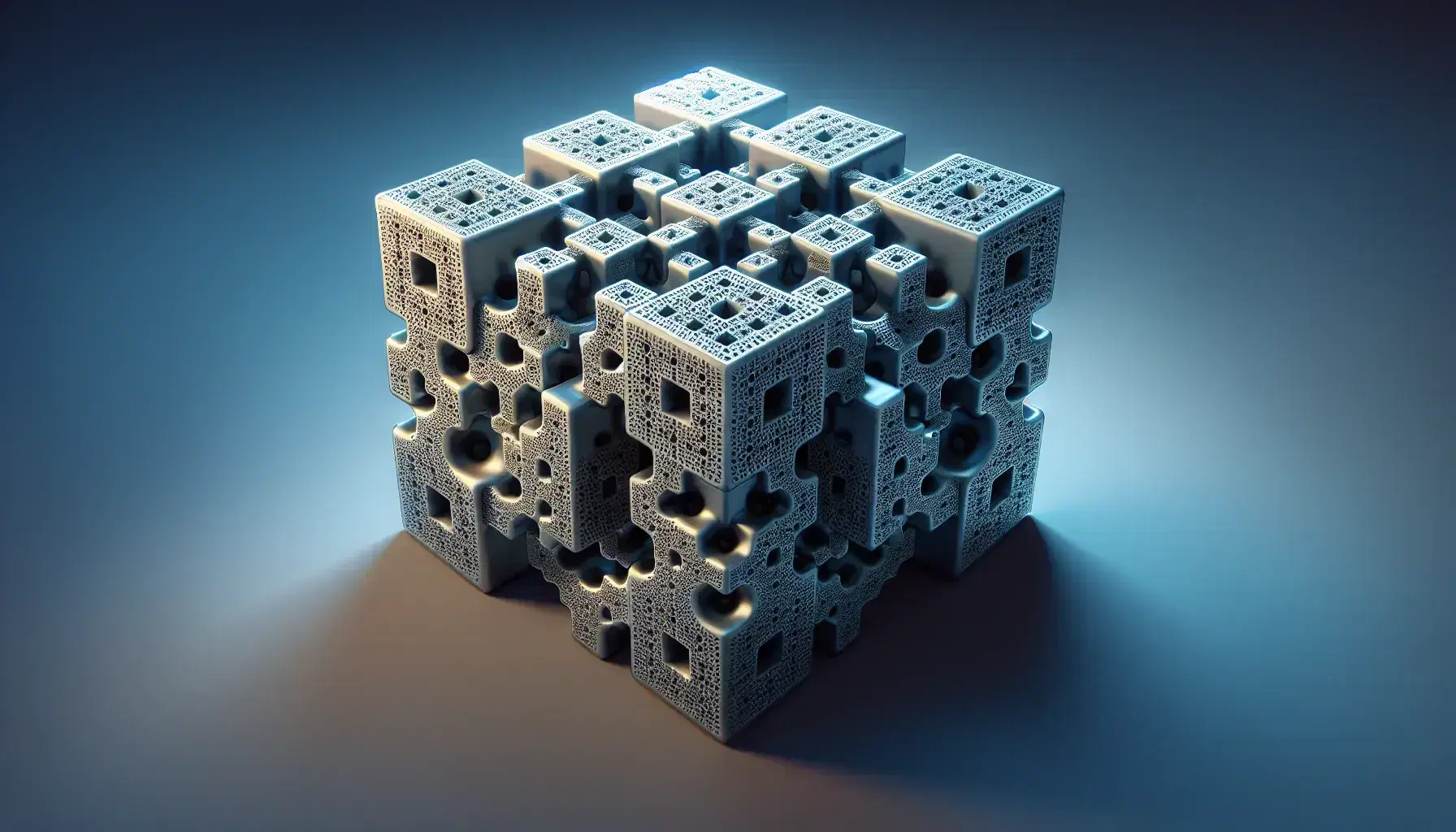 Three-dimensional Menger Sponge fractal with metallic sheen, set against a gradient blue background, highlighting recursive geometric complexity.