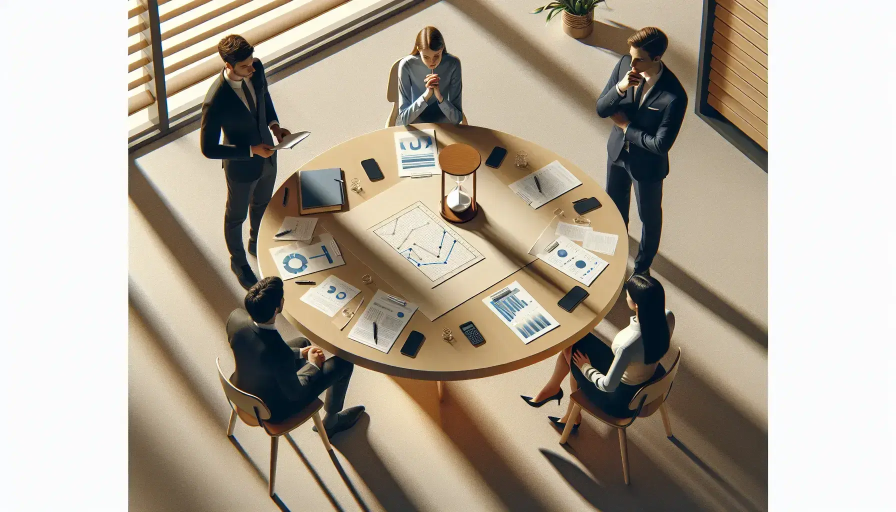 Cuatro profesionales en reunión de trabajo alrededor de una mesa redonda con documentos, un reloj de arena y móviles, en un ambiente de oficina iluminado y con planta decorativa.