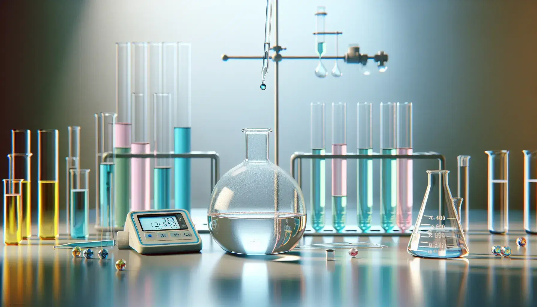 Laboratory with flask containing colorless liquid and dropper with suspended blue drop, test tubes with colored solutions and digital pH meter.