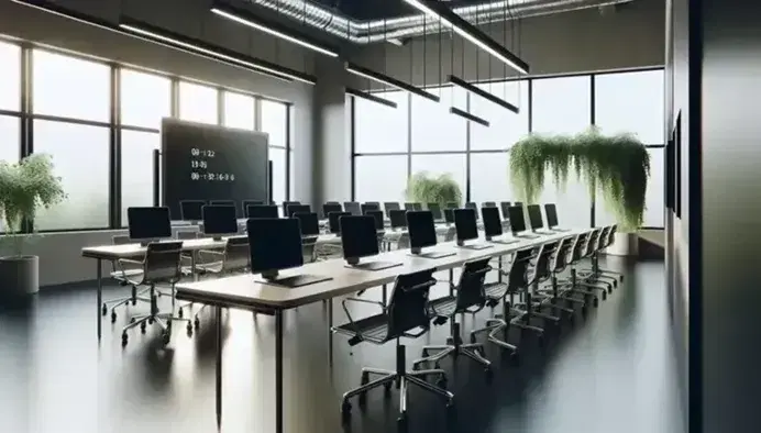 Aula computer moderna con tavolo grande, laptop chiusi in fila, lavagna bianca, pianta verde e sedia ergonomica nera.
