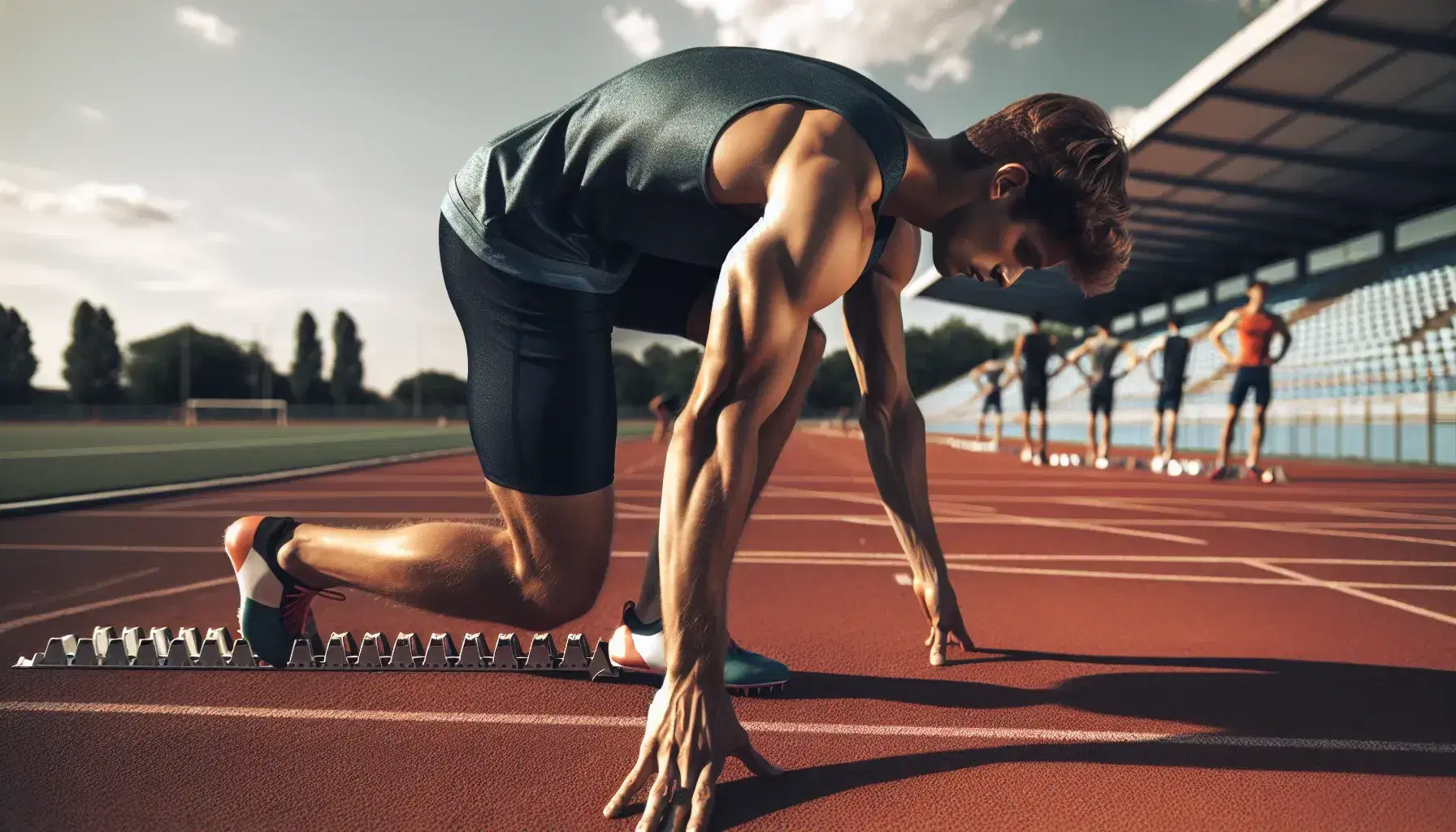 Atleta masculino en posición de salida en pista de atletismo al aire libre, con equipación azul y zapatillas de clavos, en un día soleado.