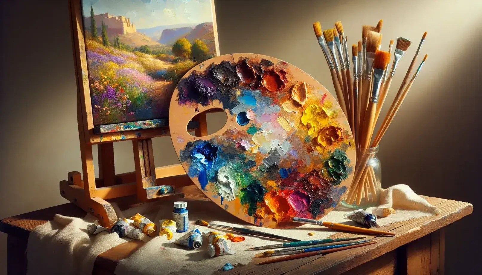 Painter's palette with colorful oil paints and assorted brushes, near an easel holding an unfinished Spanish landscape canvas.