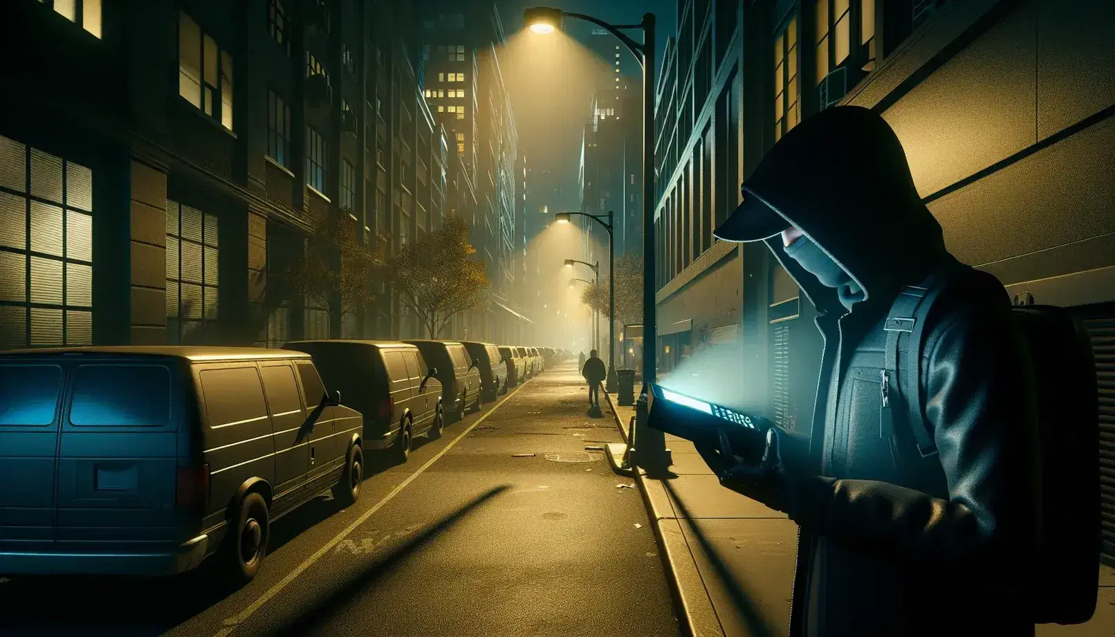 Figura encapuchada utilizando un dispositivo luminoso en una calle urbana nocturna, con vehículos estacionados y edificios iluminados al fondo.