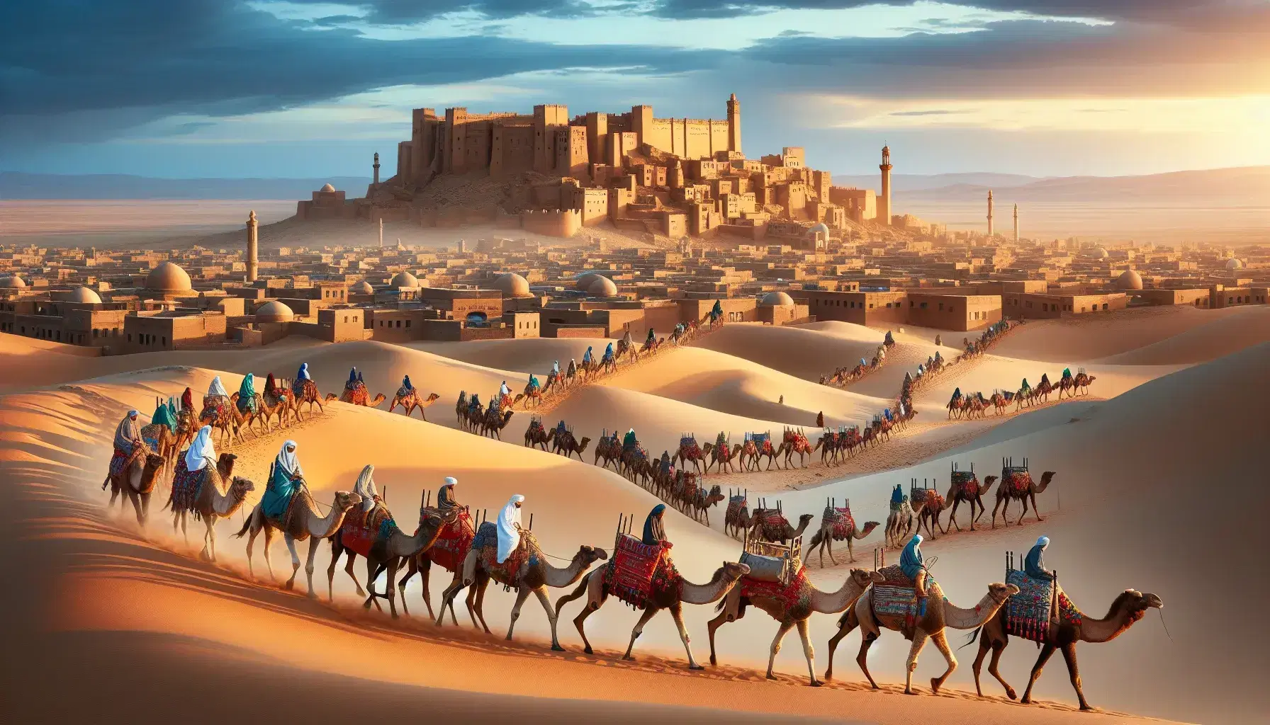 Carovana di cammelli attraversa il deserto al tramonto con antica città orientale sullo sfondo, sotto un cielo azzurro.