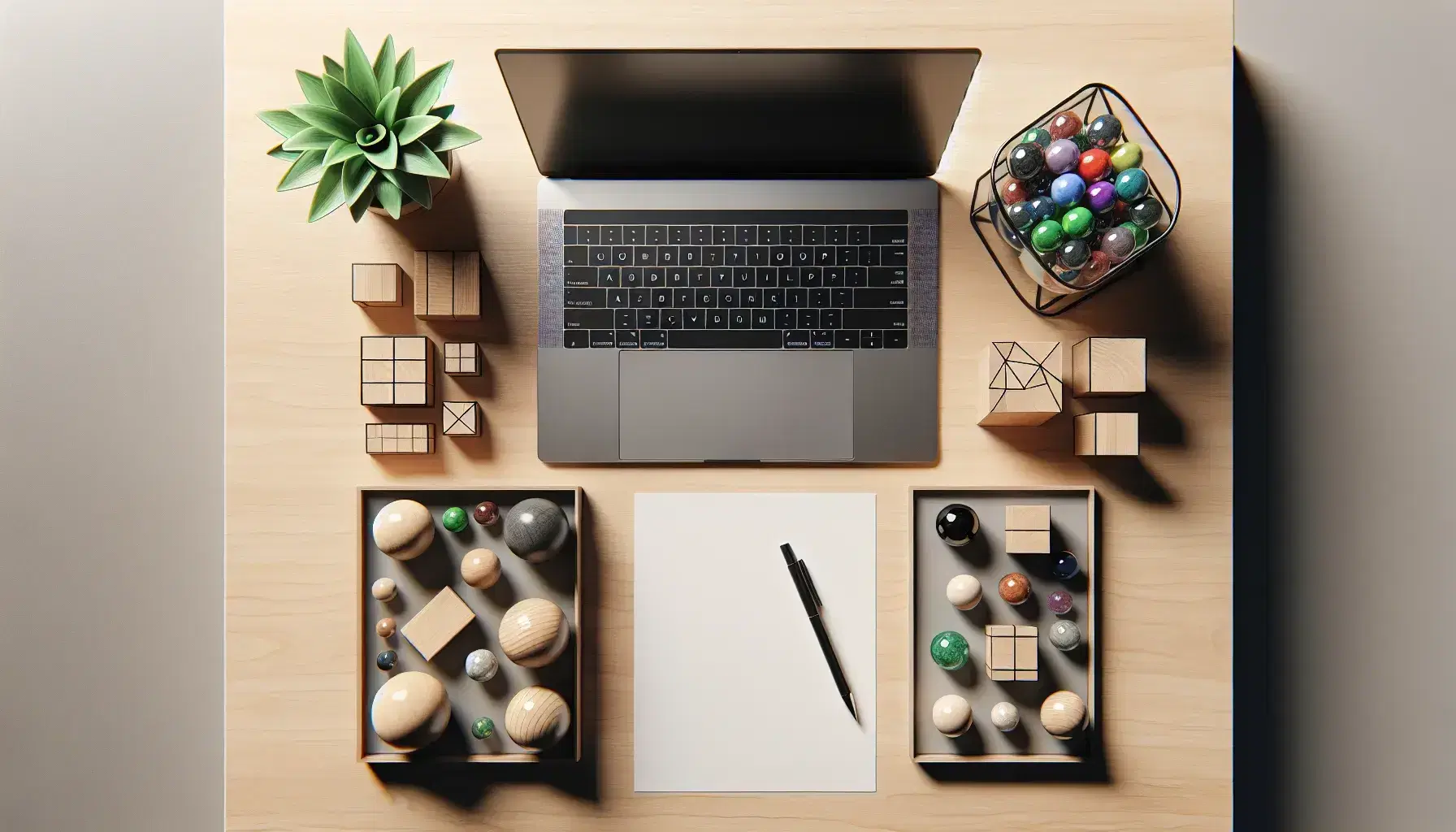 Tidy desk with closed laptop, blank sheet of paper with pen, assorted wooden blocks, green plant and glass of colorful marbles.