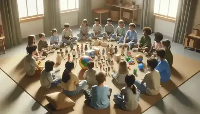 Grupo diverso de niños y adolescentes sentados en círculo en una sala iluminada con luz natural, con juguetes educativos en el centro.