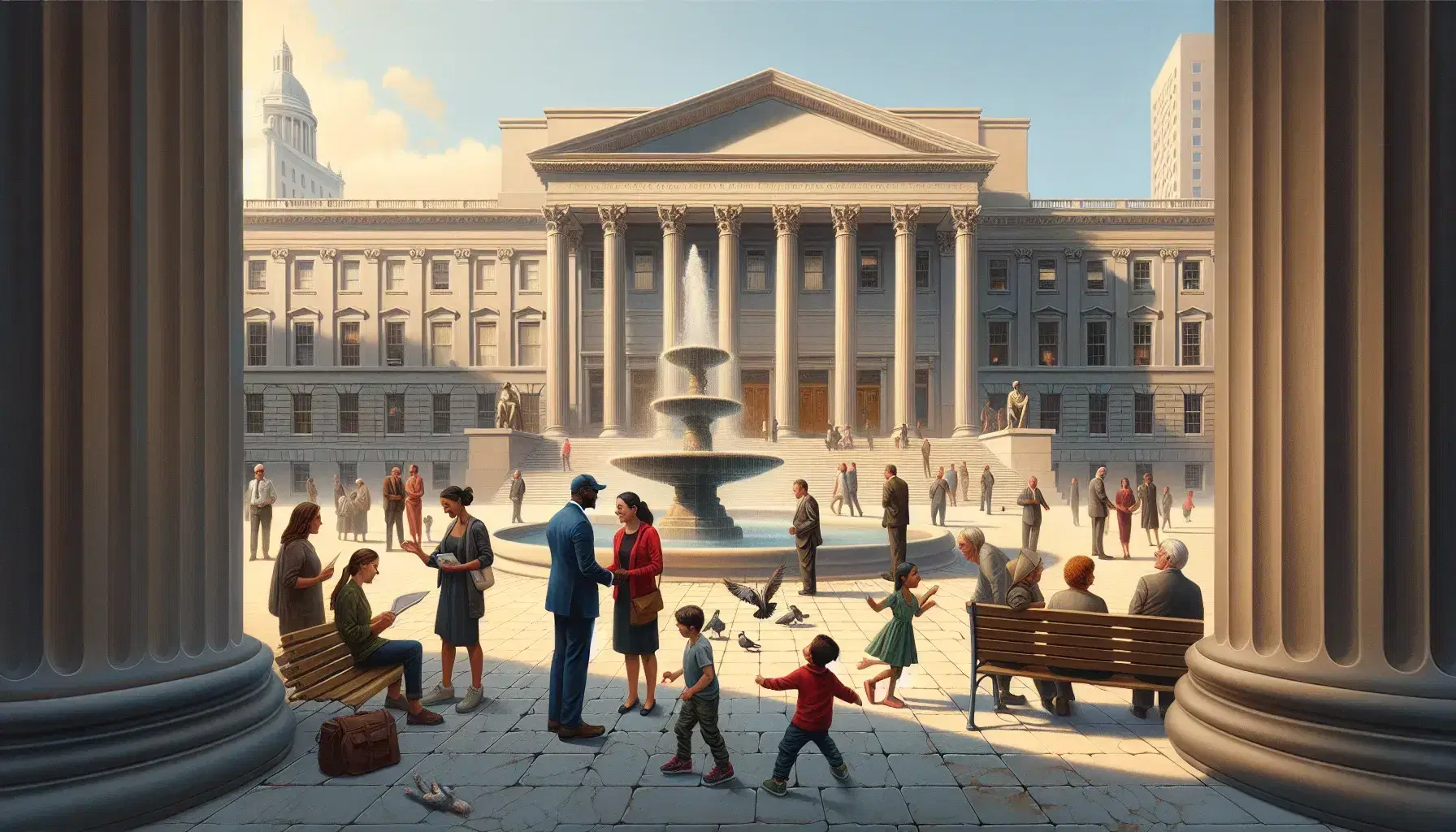 Public square with different people, caucasian woman in red jacket shaking hands with middle eastern man in suit, hispanic child plays, classical architecture.