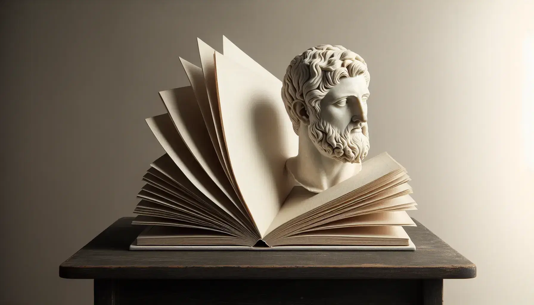 Open book with blank ivory pages on a dark wooden table, paired with a black-and-white photo of a classical bearded marble bust with a thoughtful expression.