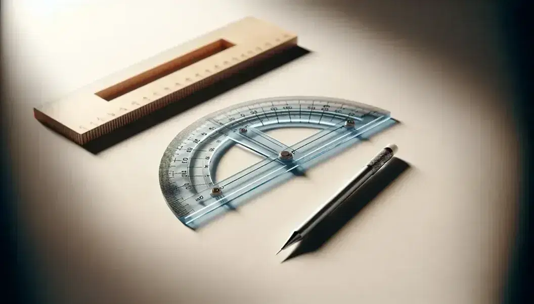Close-up view of a transparent blue protractor with three wooden rulers forming a scalene triangle, and a mechanical pencil in the background.