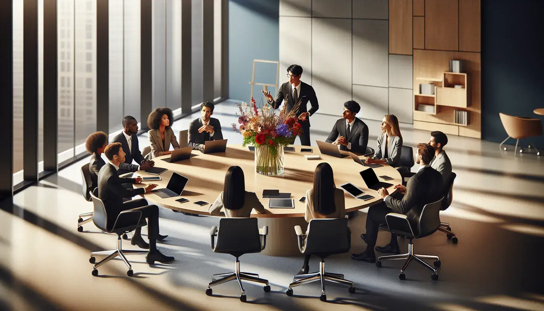 Diverse team engaged in a meeting around a wooden table with laptops and a vase of colorful flowers in a bright office setting.