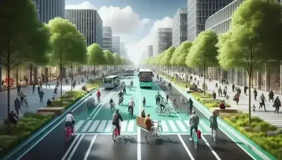 Paisaje urbano sostenible con personas caminando y en bicicleta en carril bici, bancos entre árboles, autobuses ecológicos y edificios con reflejos del cielo.