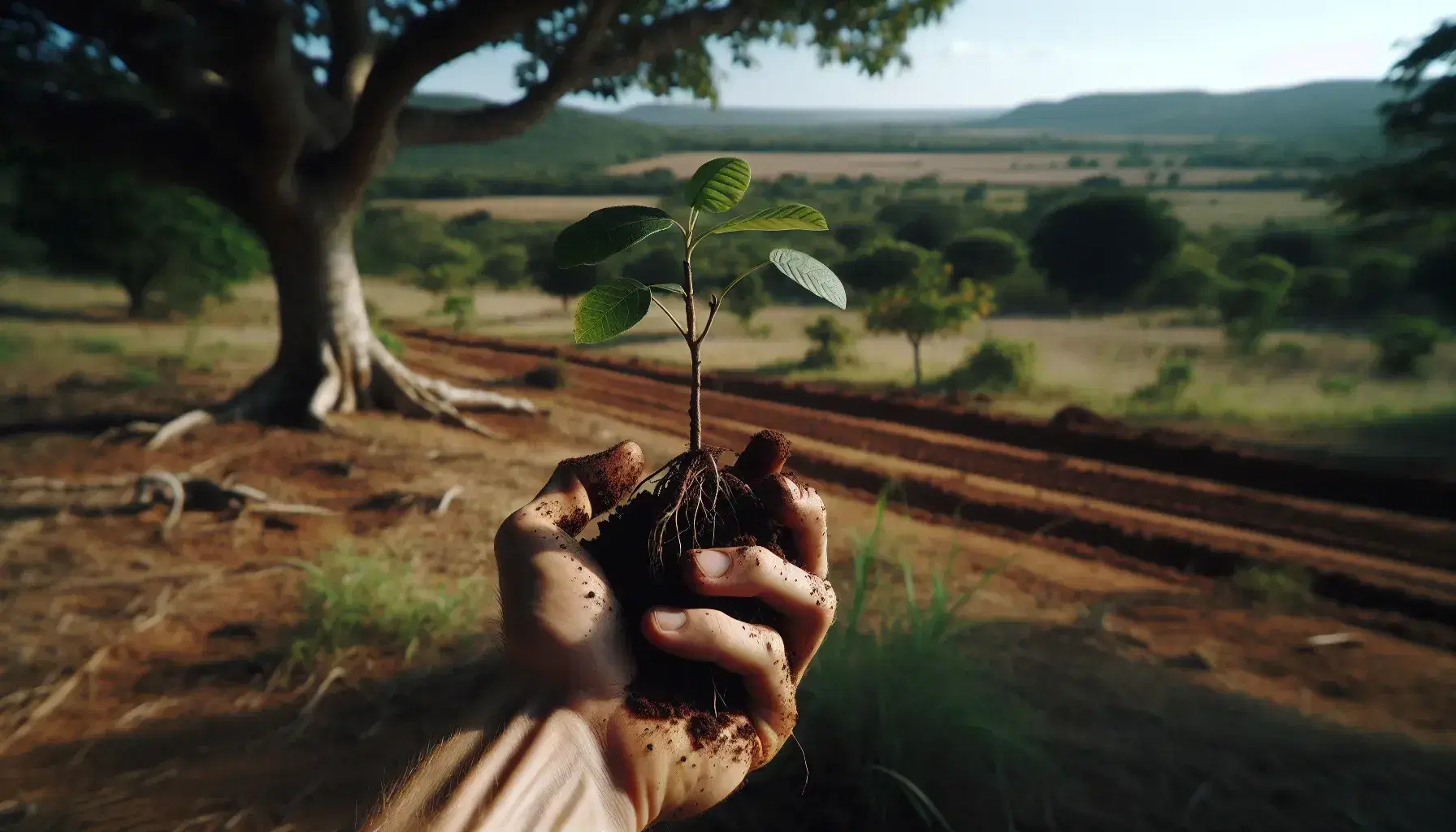 Mano humana sosteniendo un árbol joven con raíces y tierra, listo para plantar en un paisaje campestre con árboles al fondo y cielo despejado.