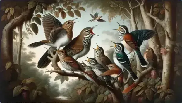 Uccello marrone nutre pulcino su ramo, circondati da avifauna variopinta tra foglie verdi e fiori, in ambiente naturale soleggiato.