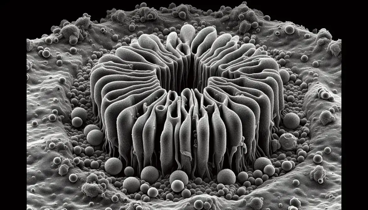 Micrografía electrónica de transmisión en blanco y negro mostrando la estructura interna de una célula eucariota con el aparato de Golgi central.