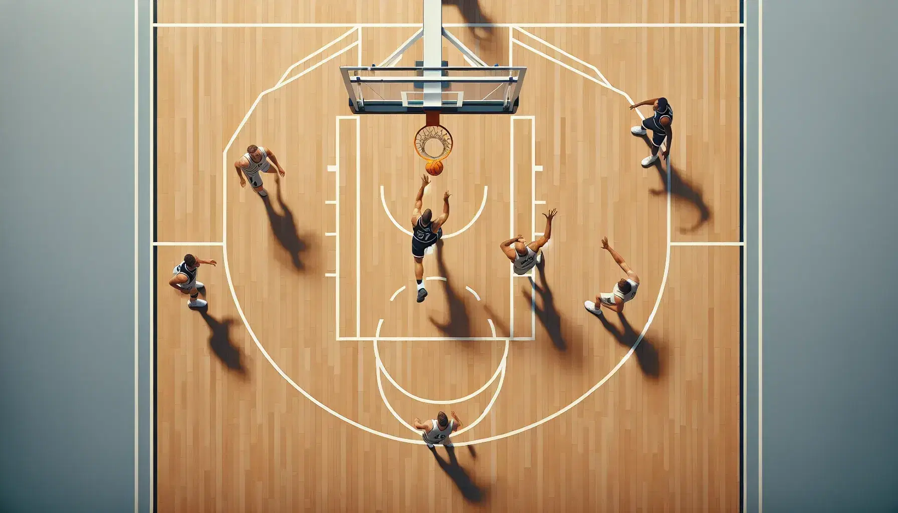 Cancha de baloncesto con jugador en uniforme oscuro lanzando el balón y cuatro rivales en uniformes claros en diversas posturas defensivas, gradas vacías al fondo.