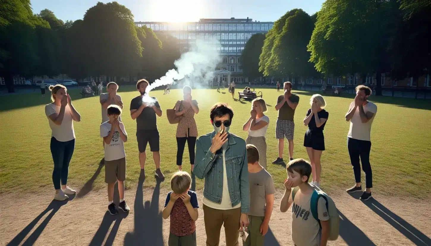 Grupo de personas diversas en parque evitando el humo de un fumador en día soleado, con árboles verdes y cielo azul de fondo.