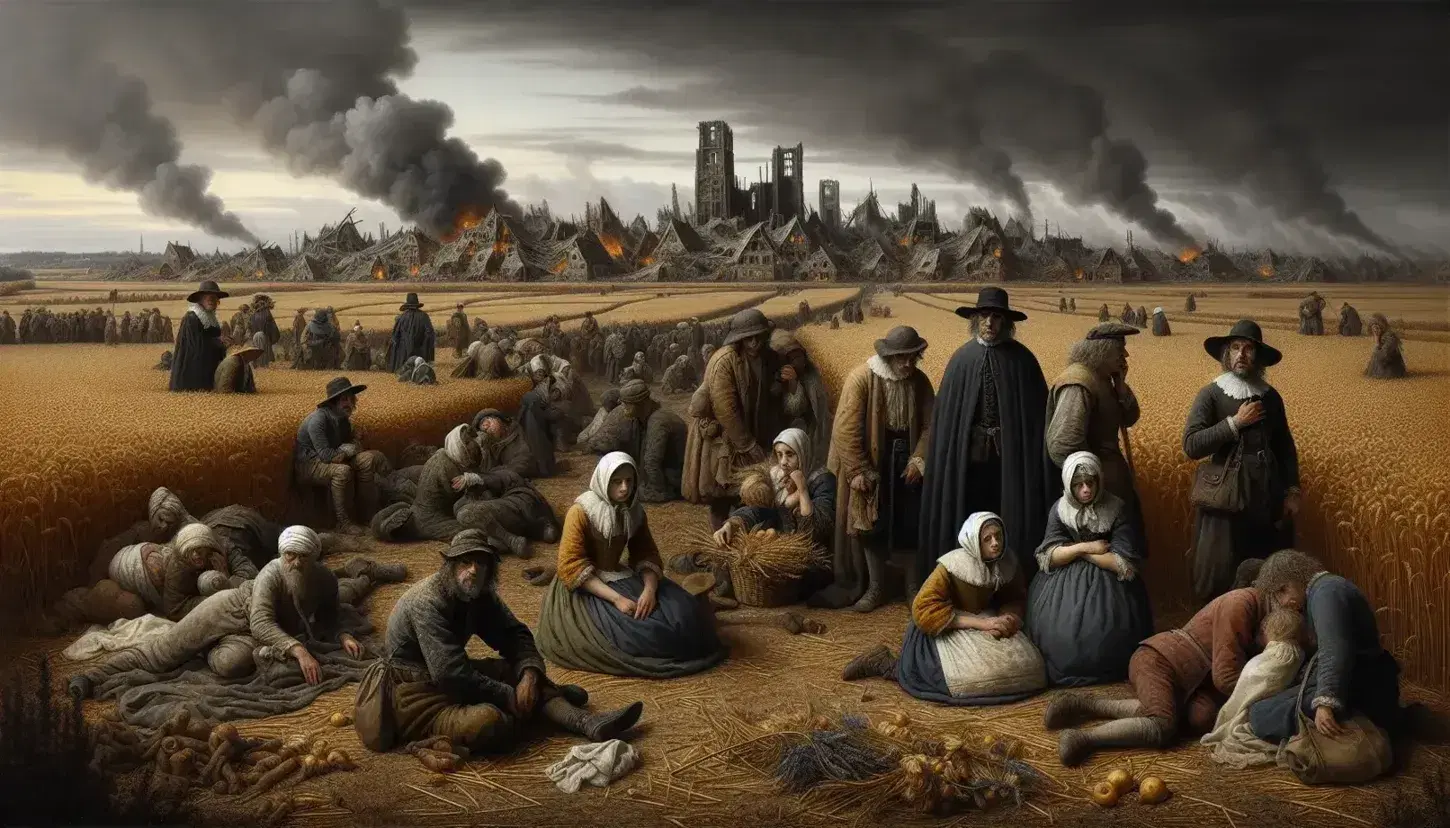 Scena del XVII secolo con persone in abiti d'epoca tra rovine fumanti di un villaggio, campo devastato e medico della peste che assiste un malato.