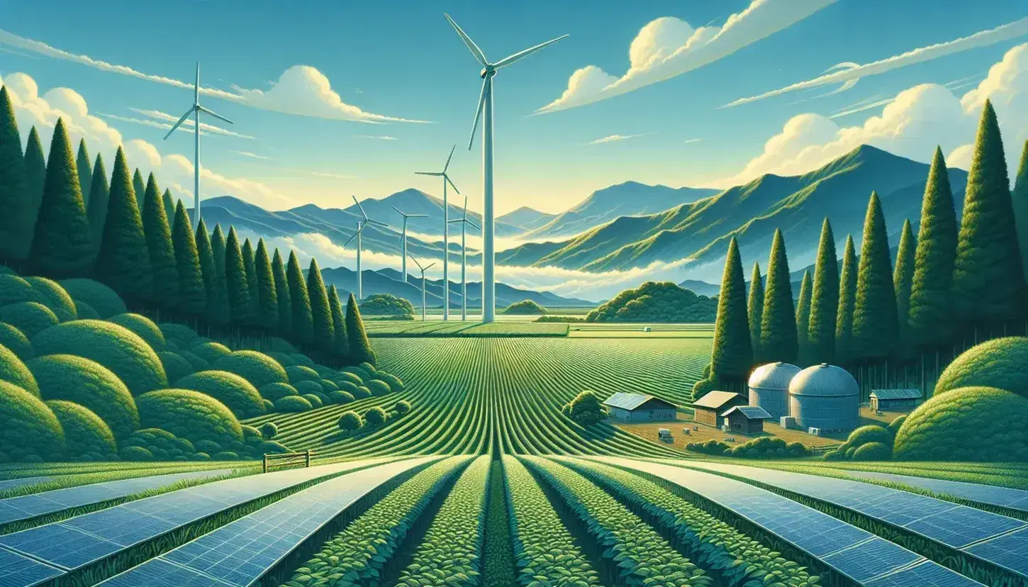 Paisaje natural con campo de cultivo en primer plano, paneles solares, molino de viento moderno, árboles frondosos y montañas nevadas al fondo bajo cielo azul.