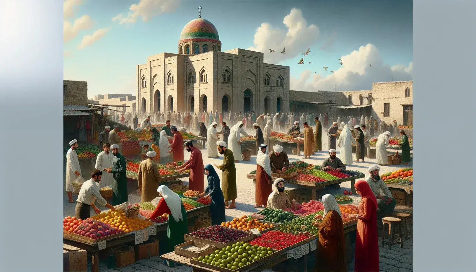 Outdoor market in a developing country with colorful fruit and vegetable stalls, people trading and religious building in the background.