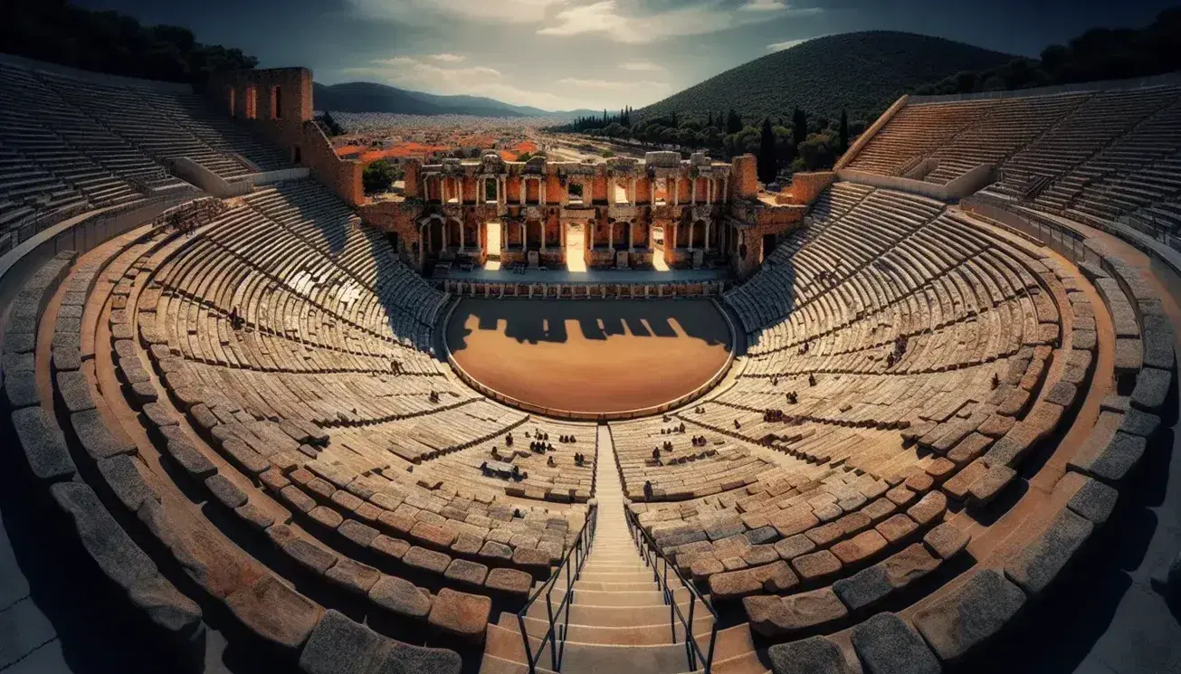 Teatro antico di Epidaurus in Grecia con orchestra circolare, gradinate in pietra chiara e cielo blu intenso senza nuvole.