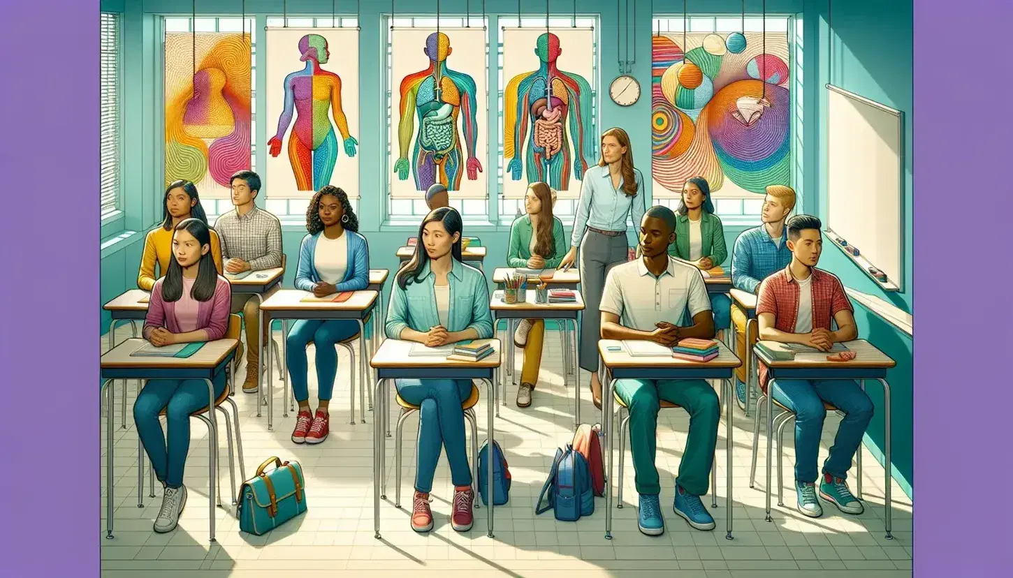 Modern and inclusive classroom with attentive students of different ethnicities, teacher near the blackboard, decorated walls and anatomical model in the center.