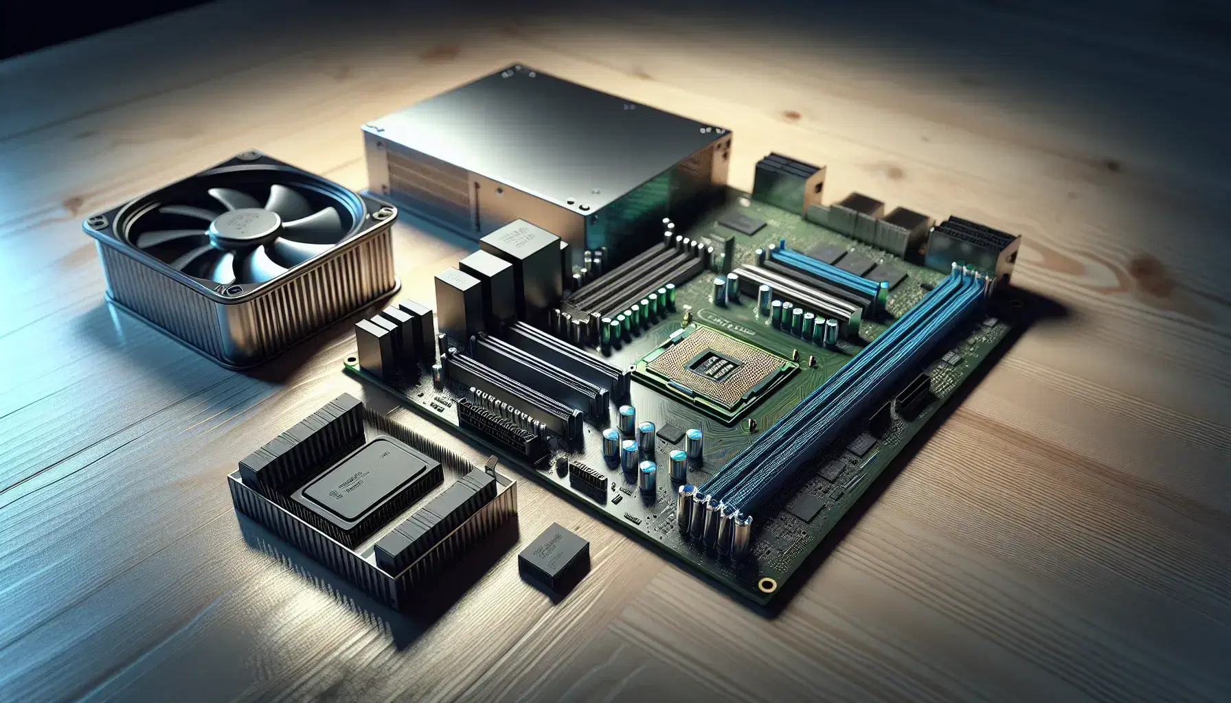 Componenti hardware computer su tavolo in legno con motherboard, microprocessore dorato, disco rigido e modulo RAM.