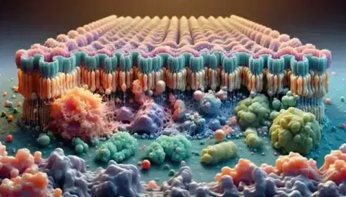 Close-up of a cell membrane with embedded proteins, external signaling spheres and internal cytoskeletal lattice, in a detailed cellular environment.