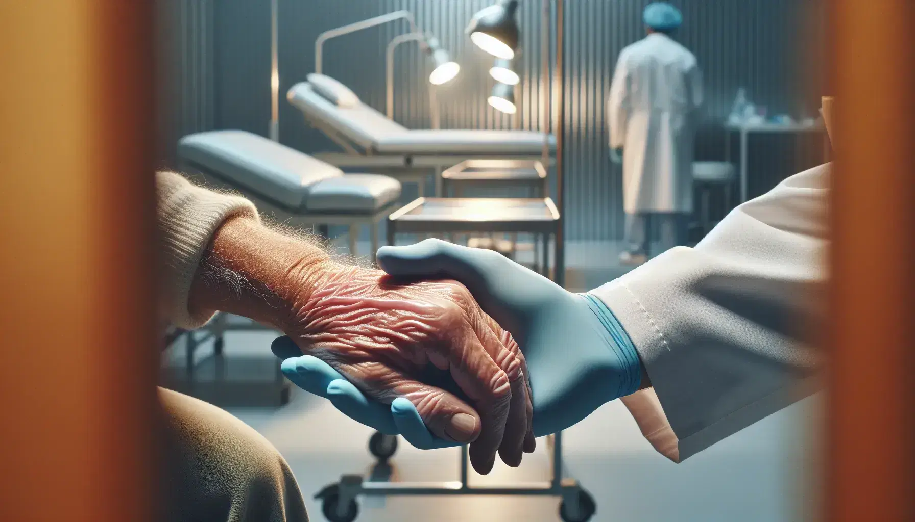 Manos de profesional de la salud en guante azul examinando con cuidado la mano arrugada de un paciente mayor en un entorno médico.