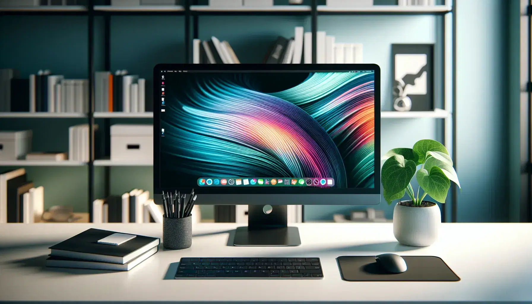 Modern office with black computer on white desk, abstract wallpaper, keyboard, mouse, green plant and cup with pens, shelves with books and decorative objects.
