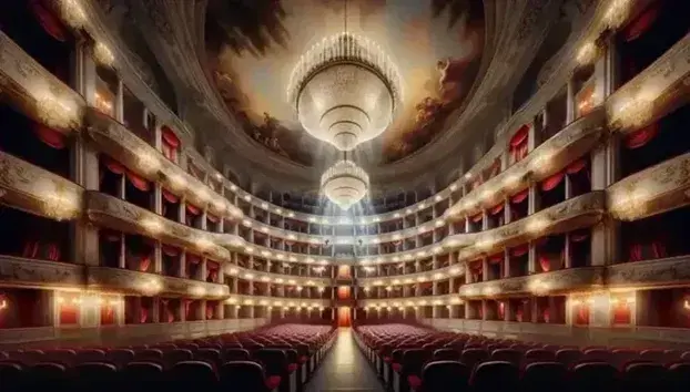 Interno di un teatro d'opera con palcoscenico vuoto, sedie in legno e velluto rosso, logge dorate e un grande lampadario di cristallo.