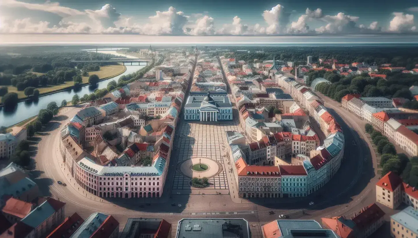 Veduta aerea della capitale di una repubblica baltica con piazza centrale, edifici storici, fiume, aree verdi e quartiere moderno.