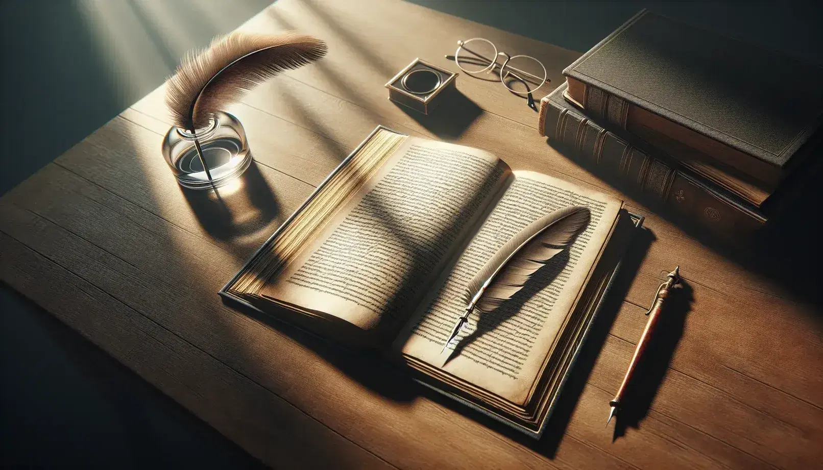 Vintage-inspired writing desk setup with an open book, glass inkwell, black quill pen, blank parchment, and round wire-framed eyeglasses on a wooden surface.