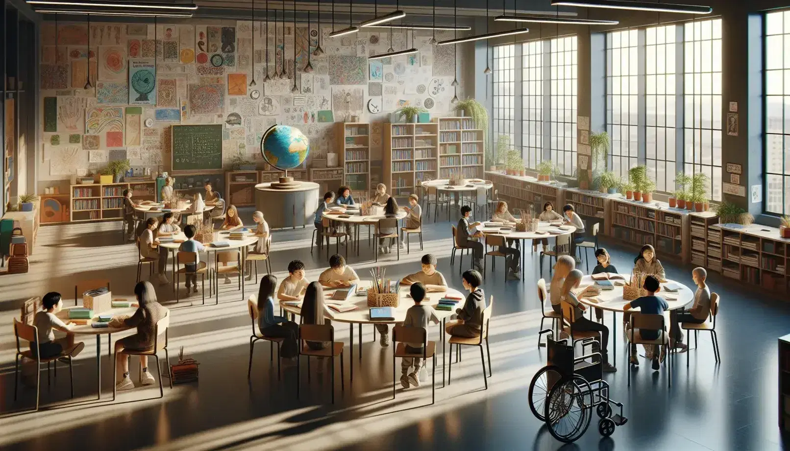 Aula escolar iluminada con luz natural, estudiantes diversos alrededor de una mesa redonda con libros y tablets, silla de ruedas vacía y estantes con libros al fondo.
