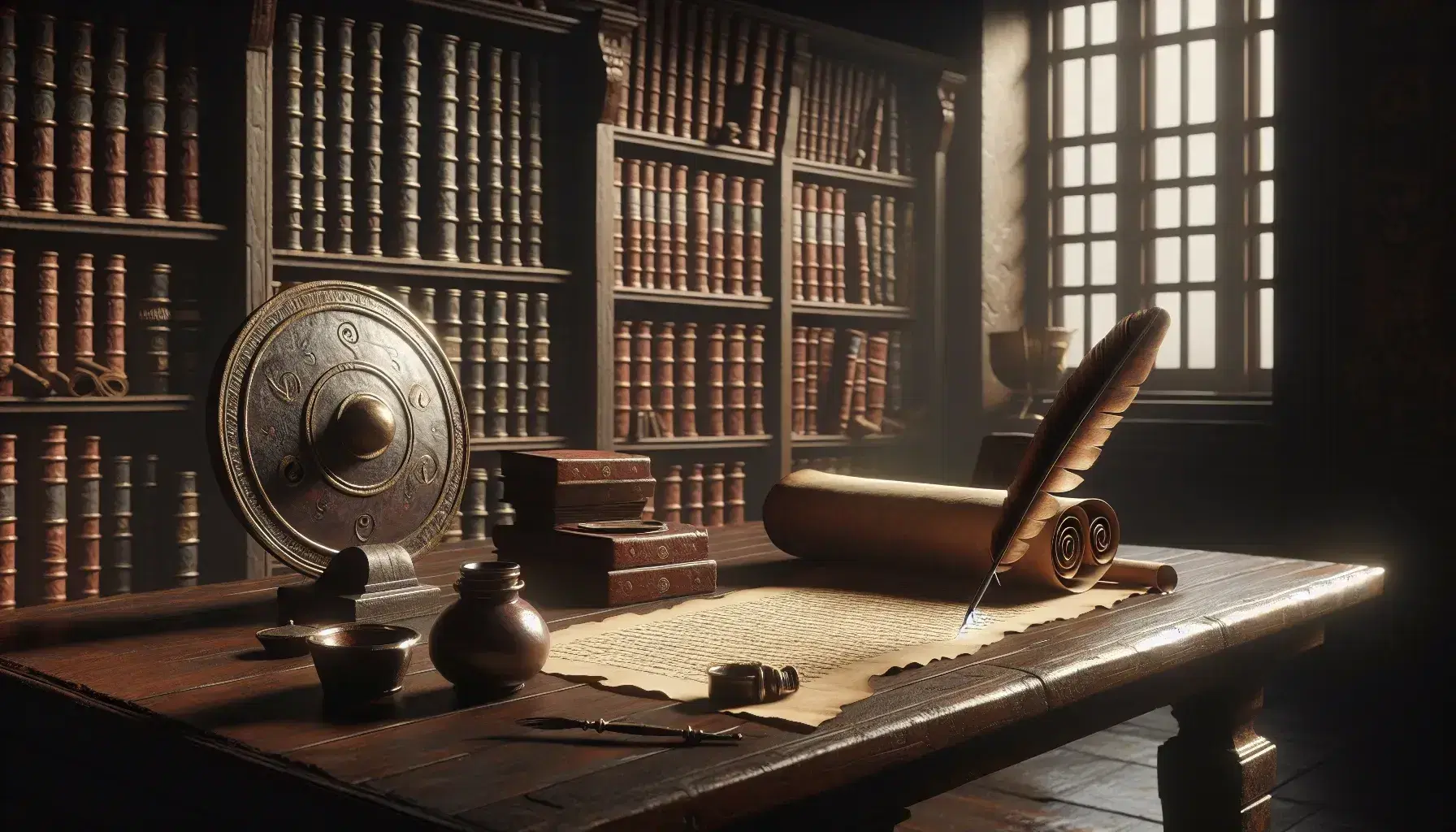Studio antico con tavolo in legno, pergamena, penna e calamaio, scaffali con libri rilegati, scudo e elmo corinzio, lira parzialmente visibile.