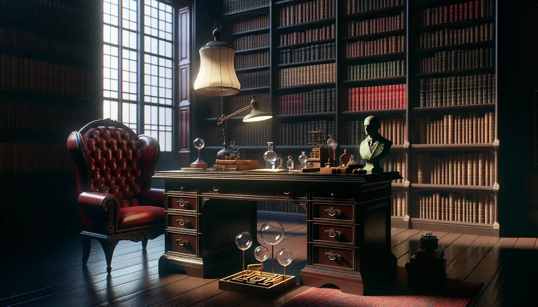 Scena di biblioteca antica con scrivania in legno scuro, oggetti psicologia come divanetto rosso, labirinto e sfere di vetro, statuetta pensosa e pianta verde.
