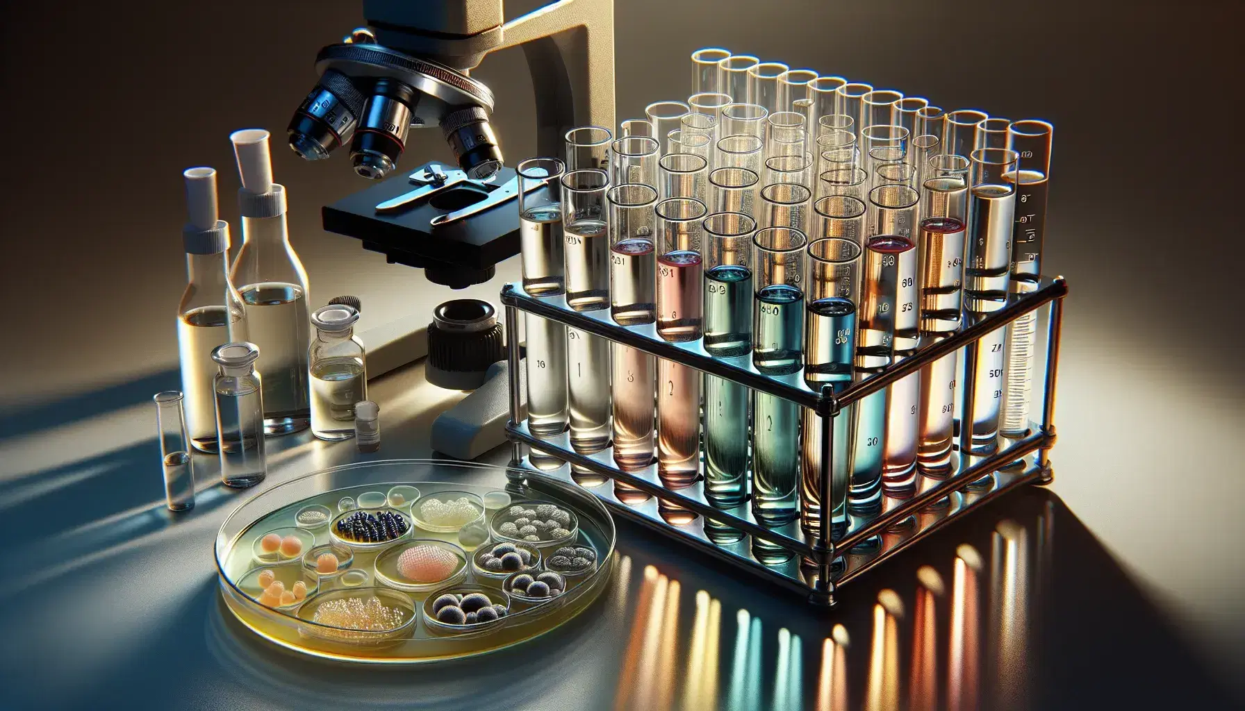 Tubos de ensayo con líquidos de colores en gradiente en un soporte metálico y microscopio con plato de Petri y colonias bacterianas al fondo.