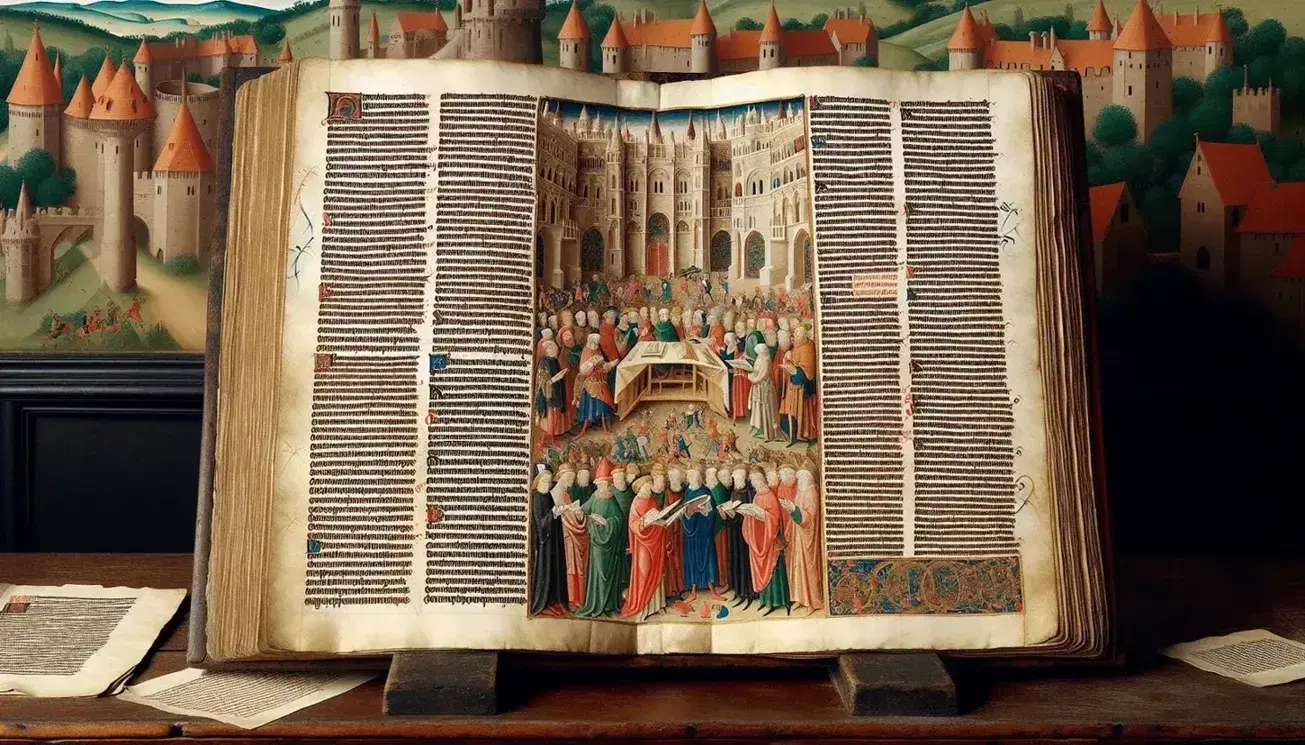 Manoscritto medievale su leggio in legno con calligrafia dettagliata e illustrazione colorata di scena storica, accanto a calamaio e penna d'oca.