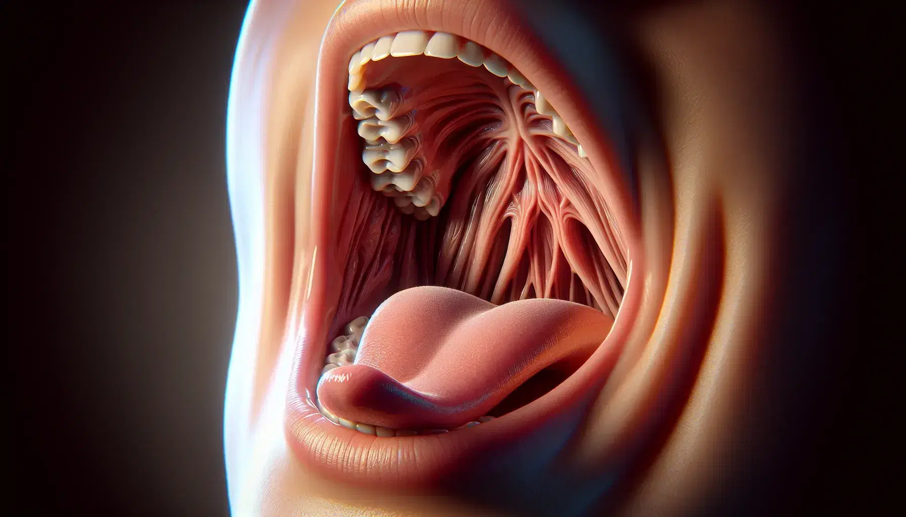 Close-up view of a human mouth with the uvula visible, tongue raised towards it, indicating speech, in a healthy pink oral cavity.