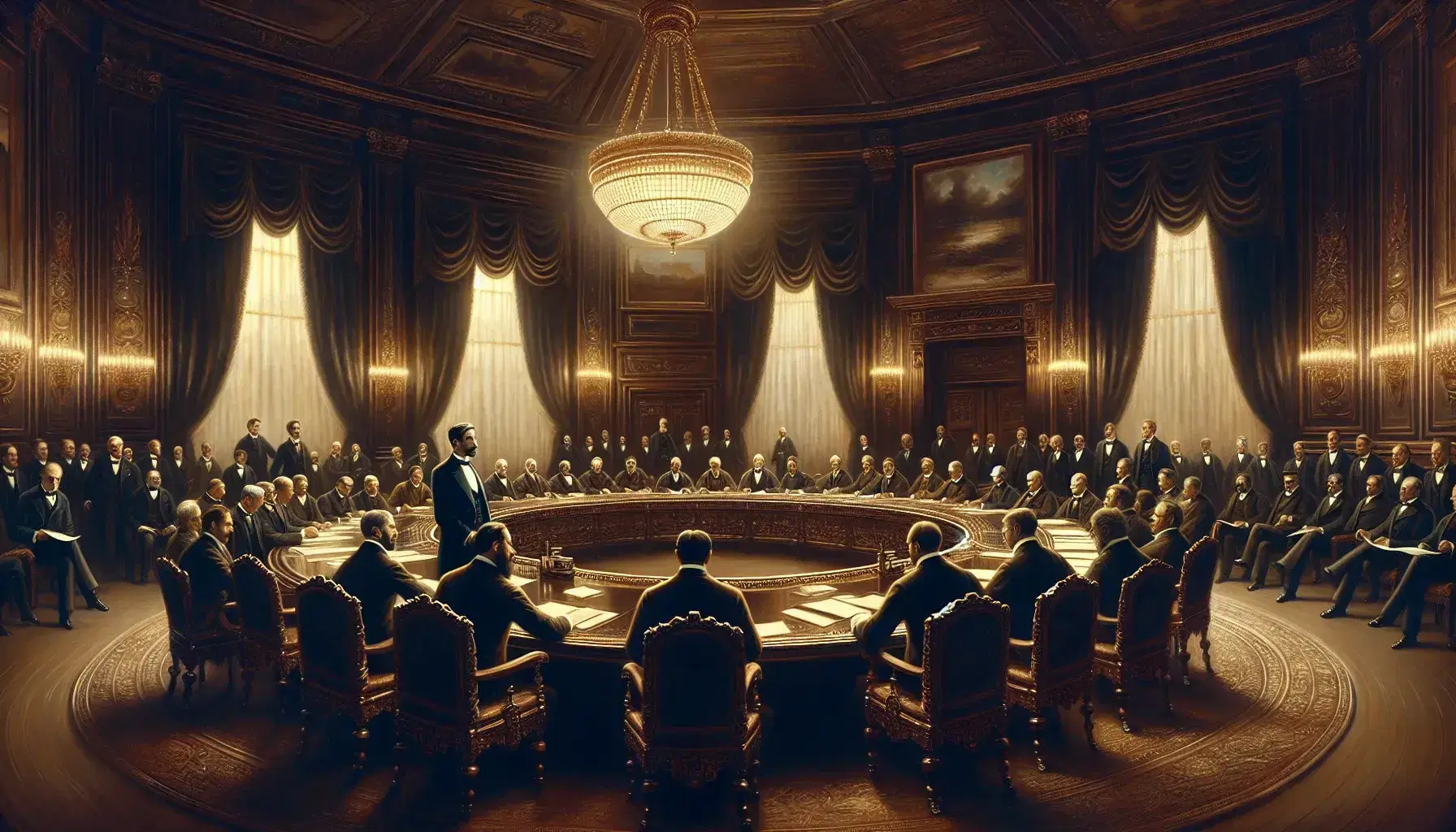 Depiction of the late 19th century Berlin Conference with men in period dress around a table lit by a chandelier.