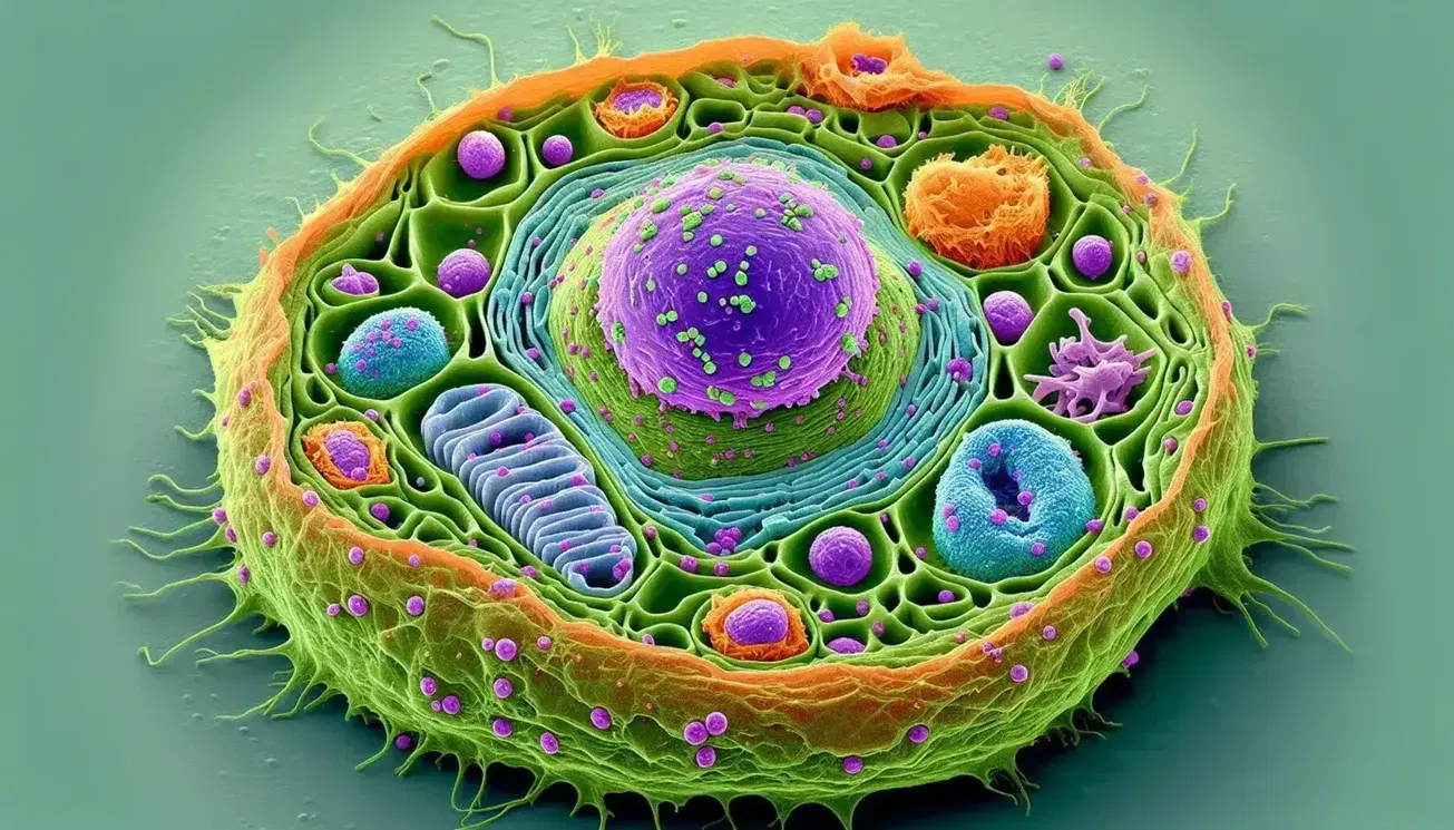 Vista microscópica de célula eucariota con componentes coloreados: núcleo púrpura, citoplasma verde, ribosomas azules, sistema endomembranoso naranja, mitocondrias verde oscuro y membrana plasmática amarilla.
