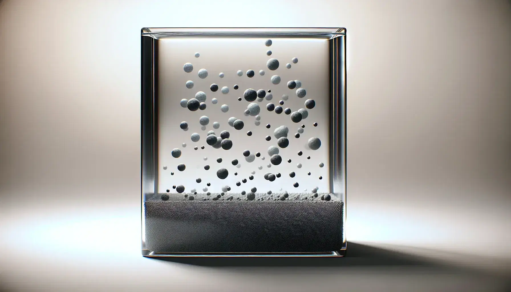 Clear glass container with colorless liquid and suspended matte black spheres, on a flat surface with a soft shadow, neutral background.